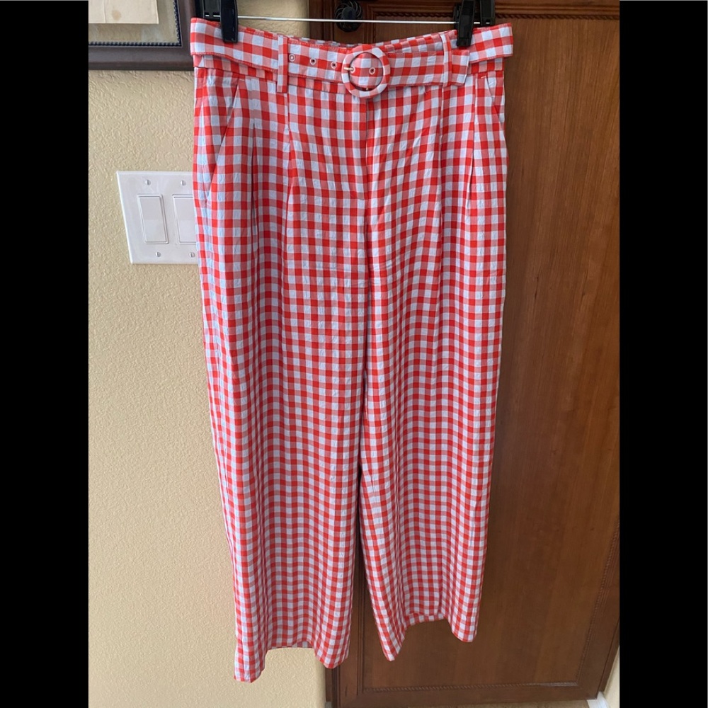 J. Crew wide leg red and pale blue gingham pants.